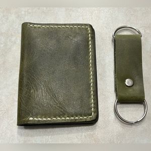 Handmade Leather Bifold Front Pocket Credit Card Wallet Olive Green/Black W/fob
